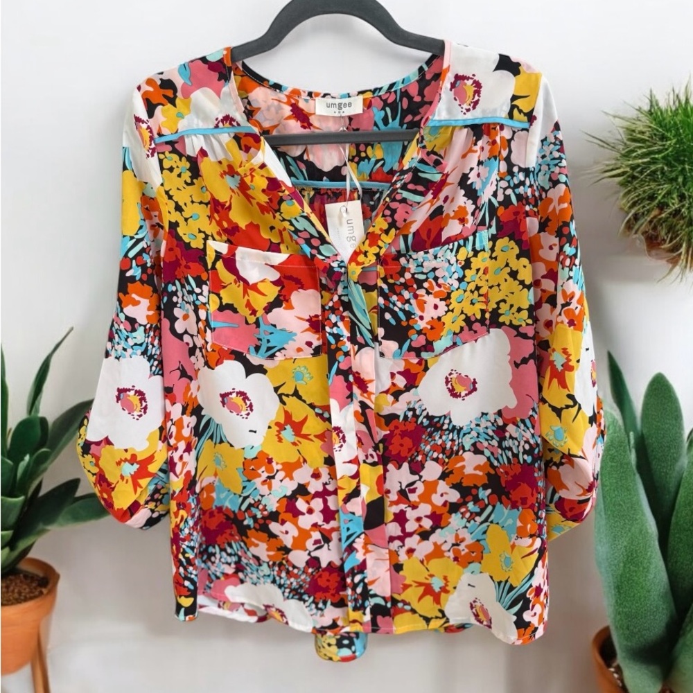 Umgee Multicolor Floral V-Neck Button Blouse